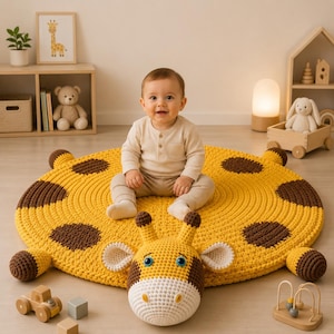 May include: A round, yellow and brown crocheted floor mat shaped like a giraffe, featuring a textured surface with dark brown spots, a protruding giraffe head with blue eyes, and four small, rounded feet extending from the circular base.