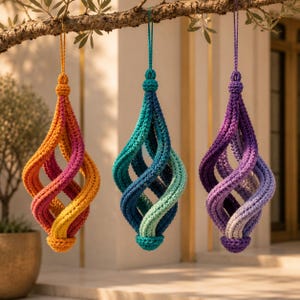 Puede incluir: Tres adornos colgantes hechos de hilo de ganchillo con forma de espiral retorcida. El primero es naranja y rosa, el segundo es turquesa y azul claro, y el tercero es morado y lavanda claro. Cada uno incluye un lazo a juego para colgar.