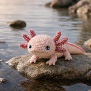 May include: A crocheted axolotl toy in soft pink hues, with detailed gills and small limbs. The handmade creature has blue eyes and is posed on a rock near water. The axolotl is a unique, handmade item.