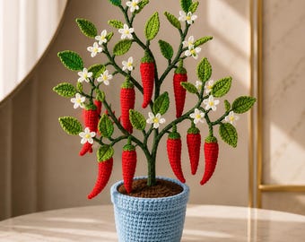 Schema PDF per realizzare una pianta di peperoncino all'uncinetto, tutorial per albero di peperoncino amigurumi, schema per pianta di peperoncino in vaso all'uncinetto, download digitale