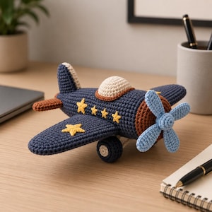 Pode incluir: Um avião de crochê artesanal em azul marinho, castanho e bege, com detalhes de estrelas amarelas. A hélice é azul clara. O avião de brinquedo tem um cockpit bege e um nariz castanho. Decorado com estrelas amarelas.