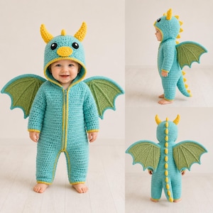May include: A turquoise crochet onesie featuring a dragon hood with yellow horns and a yellow snout. The garment includes large green wings attached to the back, a yellow zipper down the front, and a yellow spiked tail running down the back.