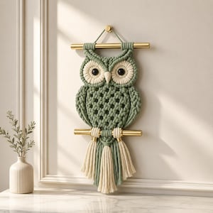 Puede incluir: Un colgante de pared de macramé con forma de búho en tonos verdes y crema. El búho presenta ojos grandes y redondos, un cuerpo texturizado y un fleco decorativo de borlas. El colgante de pared está suspendido de una barra metálica dorada.