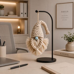 May include: A beige macrame gnome ornament with a long beard and a blue bead nose, hanging from a black metal stand. The gnome has a pointed hat and a braided beard. The background includes a desk, a laptop, and a framed print.