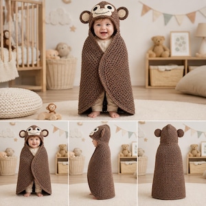 May include: A brown crocheted hooded blanket featuring a monkey face on the hood with round ears. The textured, dark brown yarn creates a wrap-style garment that covers the torso and head, showcasing a detailed monkey design with a cream-colored face.