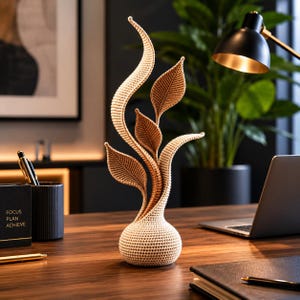 Può includere: Scultura all'uncinetto beige e marrone che rappresenta una pianta stilizzata. Presenta una base rotonda, un fusto curvo ed elementi a forma di foglie. Le foglie sono di colore marrone caldo. Oggetto decorativo.