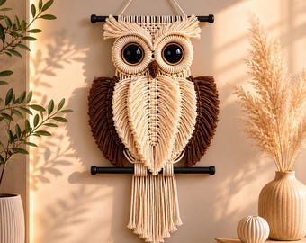 Macrame Owl Wall Hanging Pattern PDF, Boho Owl Fiber Art Tutorial, DIY Crochet Style Owl Decor, Modern Home Decor