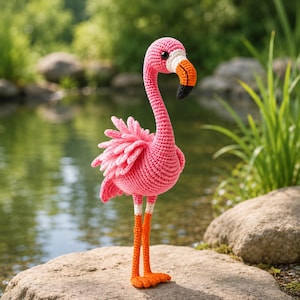 Puede incluir: Un flamenco rosa tejido a mano se alza sobre una roca cerca del agua. El flamenco tiene un cuello largo, un cuerpo rosa y una espalda plumosa. Su pico es naranja y negro, y sus patas son naranjas con detalles blancos y naranjas.