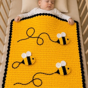 Mönster för virkad filt med honungsbi i PDF-format | Amigurumi-filt med bi | Virkmönster för barnrumsdekorationer | Babyshowerpresent