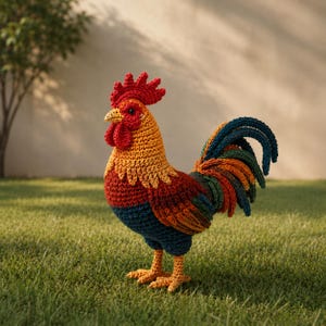 Puede incluir: Un gallo de ganchillo hecho a mano y colorido se alza sobre hierba verde. El gallo presenta una cresta y una barba rojas, un pico amarillo y un cuerpo de hilo rojo, naranja, amarillo y azul. La cola es una mezcla de azul, verde y naranja.
