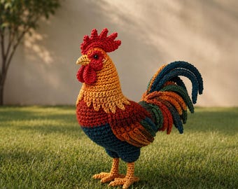 Schema per uncinetto di un gallo in PDF, tutorial per uncinetto di un pollo amigurumi, giocattolo a forma di gallo da fattoria, schema realistico per uncinetto di un uccello