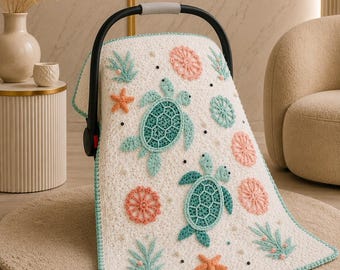 Modello PDF per copertina per neonati all'uncinetto con tartaruga marina, modello per coperta all'uncinetto con animali marini, coperta nautica per cameretta, coperta con applicazioni a forma di tartaruga