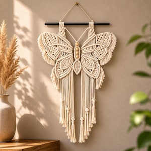 May include: A cream-colored macrame wall hanging shaped like a butterfly, featuring intricate knotted patterns, fringe edges, and three central wooden beads. The piece is suspended from a horizontal black rod with a thin string for wall mounting.