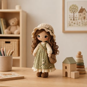 Può includere: Una bambola all'uncinetto fatta a mano con capelli ricci castani, che indossa un vestito verde, un cappello beige e una piccola borsa. La bambola ha un'espressione dolce ed è su una superficie di legno. Un affascinante giocattolo fatto a mano.