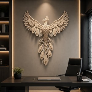 May include: A large, beige macramé wall hanging shaped like a phoenix with wings spread wide. The intricate knotted cord design features detailed feather patterns on the wings and a long, flowing tail, mounted centrally on a plain wall surface.