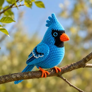 May include: A handmade, blue crochet bird with a black face, orange beak, and orange feet, perched on a brown branch. The bird has a detailed, textured appearance, with white accents on its wings. The background is blurred, with green leaves and a blue sky.
