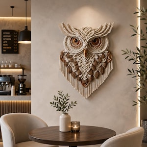 Könnte beinhalten: Ein großer Wandbehang aus Makramee in Form einer Eule, in Creme- und Brauntönen. Die Eule hat detaillierte Federmuster, große braune Augen und einen strukturierten Schnabel. Sie hängt an einer neutralen Wand und verleiht dem Raum einen Hauch von Boho-Dekor.