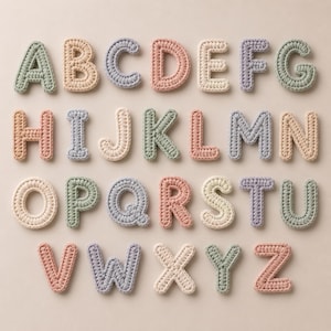 May include: A full alphabet of crocheted letters in various pastel colors, including green, pink, blue, and beige. The letters are arranged in rows on a neutral background, showcasing a handmade craft aesthetic.