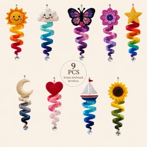 May include: A collection of nine crocheted wind spinners featuring various shapes including a sun, cloud, butterfly, flower, star, moon, heart, sailboat, and sunflower, each with a spiral tail and a clear crystal bead at the bottom. Text reads 9 PCS WIND SPINNER BUNDLE.