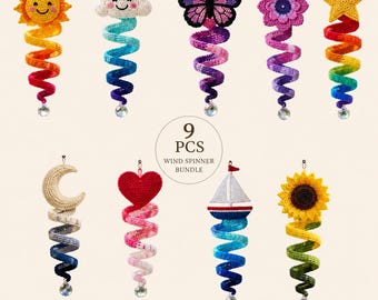 9 Crochet Wind Spinner Bundle Pattern PDF, Rainbow Spiral Hanging Decor, Sunflower Butterfly Heart Star Cloud Crochet Patterns