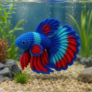 Puede incluir: Un pez Betta tejido a ganchillo en un acuario. El pez tiene un cuerpo azul con aletas rojas y turquesas. La escena incluye plantas acuáticas, rocas y burbujas, creando un entorno submarino. El pez mide unos 15 cm de largo.