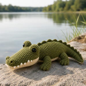 Könnte beinhalten: Ein handgefertigtes, grünes Krokodil-Spielzeug aus Häkelarbeit mit schwarzen Augen und einer cremefarbenen Schnauze. Das Krokodil liegt auf einem Felsen in der Nähe eines Sees. Das Spielzeug hat detaillierte Merkmale, einschließlich eines strukturierten Körpers und kleiner, gehäkelter Füße.
