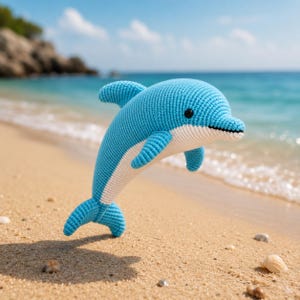 以下が含まれることがあります： 青と白の色合いの、かぎ針編みのイルカのおもちゃ。砂浜に置かれ、背景には海が広がっています。手作りのイルカは黒い目と笑顔の口をしています。おもちゃの長さは約25cmです。