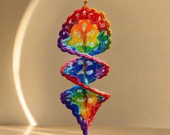 Schema PDF per girandola a vento all'uncinetto arcobaleno, tutorial per decorazioni a spirale da appendere, ornamento colorato all'uncinetto, girandola da giardino fai da te