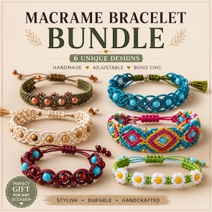 May include: A bundle of six macrame bracelets featuring various designs, including an olive green bracelet with bronze beads, a blue woven bracelet, a cream bracelet with wooden beads, a multi-coloured geometric pattern, a maroon bracelet, and a daisy design.