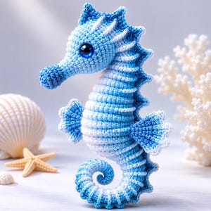 May include: A handcrafted crochet seahorse in shades of blue and white. The seahorse has a detailed design with a curled tail, fins, and a prominent snout. It features a large, blue eye and is set against a blurred background with seashells and a starfish.