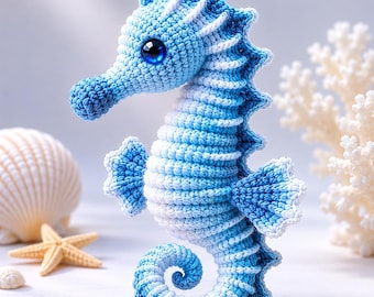 Schema PDF per realizzare un cavalluccio marino blu all'uncinetto, tutorial amigurumi a forma di cavalluccio marino, decorazione per la cameretta a tema oceano, schema per realizzare un simpatico animale marino all'uncinetto