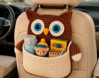 Virkat mönster för bilsätesorganisatör med uggla i PDF-format, förvaringsficka för nackstöd med uggla, amigurumi-biltillbehör, virkmönster för hängande sätesorganisatör