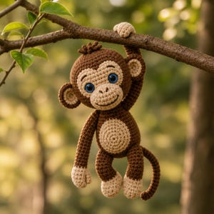 May include: A crocheted monkey with brown and tan yarn hangs from a tree branch. The monkey has a tan face, hands, and feet, with blue eyes and a smiling expression. The monkey's body is brown with a tan belly.