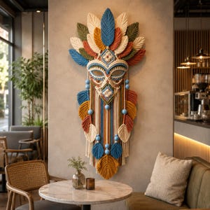 Könnte beinhalten: Ein Makramee-Wandbehang in Maskenform mit einem Fächer aus blattförmigen Faserelementen in Blau, Creme, Olivgrün und Rostorange. Das Design umfasst komplexe Webmuster, hellblaue Holzperlen und lange, herabhängende Fransen.