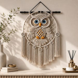 May include: A macrame owl wall hanging. The owl features a cream-colored body with blue eyes and an orange beak and feet. The owl is set within a cream-colored circular frame with hanging tassels. The wall hanging is suspended from a black rod.