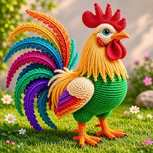 Può includere: Un gallo all'uncinetto fatto a mano e vibrante con una coda colorata, cresta rossa e corpo giallo e verde. Il gallo è sull'erba verde con piccoli fiori bianchi e rosa.