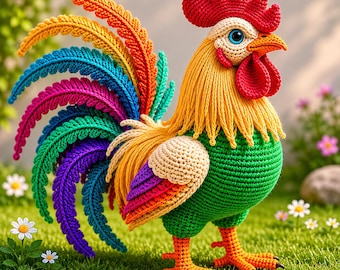 Rainbow Rooster Crochet Pattern PDF, Amigurumi Chicken Tutorial, Farm Animal Crochet, Colorful Bird Plush Pattern