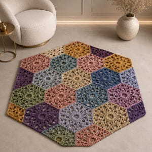 May include: A hexagonal rug constructed from multiple crocheted motifs in various colors including mustard yellow, dusty pink, sage green, deep purple, and slate blue. Each individual hexagon features a central circular pattern with radiating stitches.