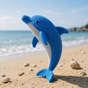 May include: A crocheted blue and white dolphin toy stands on a sandy beach with the ocean in the background. The dolphin has a smiling expression and is posed as if leaping out of the water. Seashells and small rocks are scattered around the toy.