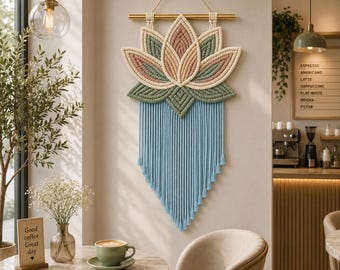 Schema PDF per arazzo da parete in macramè a forma di loto, tutorial di arte tessile in stile uncinetto, decorazione murale boho, guida fai da te per arazzo a forma di fiore di loto