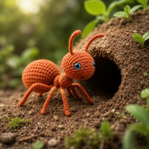 Puede incluir: Una hormiga naranja tejida a ganchillo con ojos azules está cerca de la entrada de un montículo de tierra. El insecto hecho a mano tiene un cuerpo redondo, seis patas y dos antenas. El fondo presenta follaje verde y luz natural suave.
