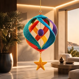 May include: A hanging crochet mobile featuring a central purple sphere surrounded by spiralling, multi-coloured bands in shades of teal, red, orange, and purple. A yellow crocheted star hangs from the bottom of the structure by a thin cord.