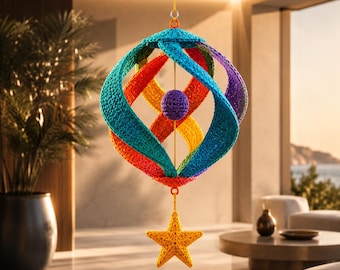 Modèle PDF de girouette au crochet arc-en-ciel, tutoriel d'ornement au crochet suspendu, décoration colorée de girouette, projet de crochet d'extérieur