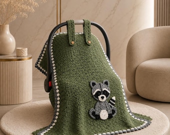 Motif de couverture de bébé raton laveur au crochet, couverture de siège d'auto animaux des bois, cadeau de shower de bébé au crochet motif PDF