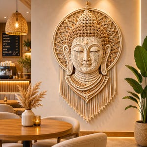 Peut inclure: Une grande tenture murale en forme de tête de Bouddha, tissée avec des fils beiges et bruns. L'œuvre présente un visage détaillé aux yeux fermés, entouré d'un halo circulaire et de franges. L'ensemble est fixé sur un mur de couleur neutre.
