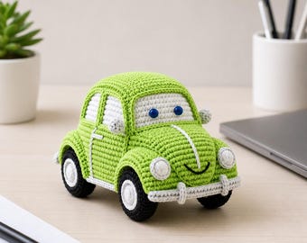 Modello PDF per realizzare un'auto all'uncinetto, tutorial per amigurumi, modello per auto giocattolo vintage all'uncinetto, regalo fai da te con veicolo in peluche