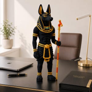 Op de afbeelding: Een zwart en goud gehaakt Anubis-beeld, een godheid uit de oude Egyptische mythologie, staat op een bureau. Het beeld houdt een staf vast en is versierd met gouden accenten. Het beeld is ongeveer 38 cm hoog.