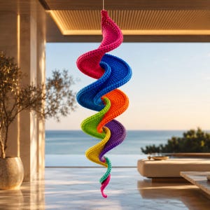 Puede incluir: Una decoración en espiral colgante hecha de hilo de ganchillo en una vibrante paleta de colores arcoíris. La estructura presenta una forma retorcida continua que transita por tonos de rosa, azul, naranja, verde, morado y amarillo, suspendida por un hilo fino.