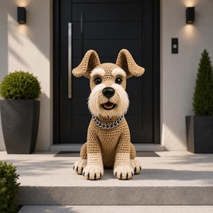 Könnte beinhalten: Eine gehäkelte Schnauzer-Hundestatue mit silberner Halskette sitzt auf einer Veranda. Der Hund ist hellbraun und cremefarben, mit einem flauschigen weißen Bart und Augenbrauen. Der Hund sitzt vor einer schwarzen Tür.