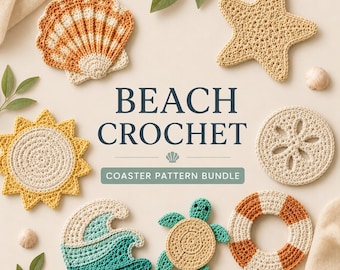 Pacchetto di modelli PDF per sottobicchieri all'uncinetto a tema spiaggia, modello per sottobicchiere all'uncinetto a forma di tartaruga marina, set di sottobicchieri a forma di stella marina, conchiglia, onda, sole, sabbia e dollaro.